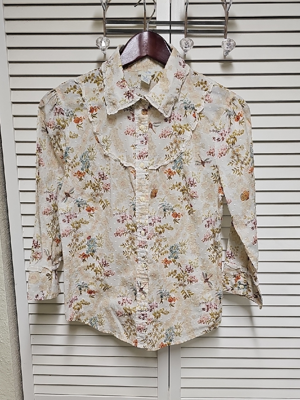 EUC Athropologie Floral Ruffled Button-Up Blouse Butterflies 100% Cotton Sz 10
